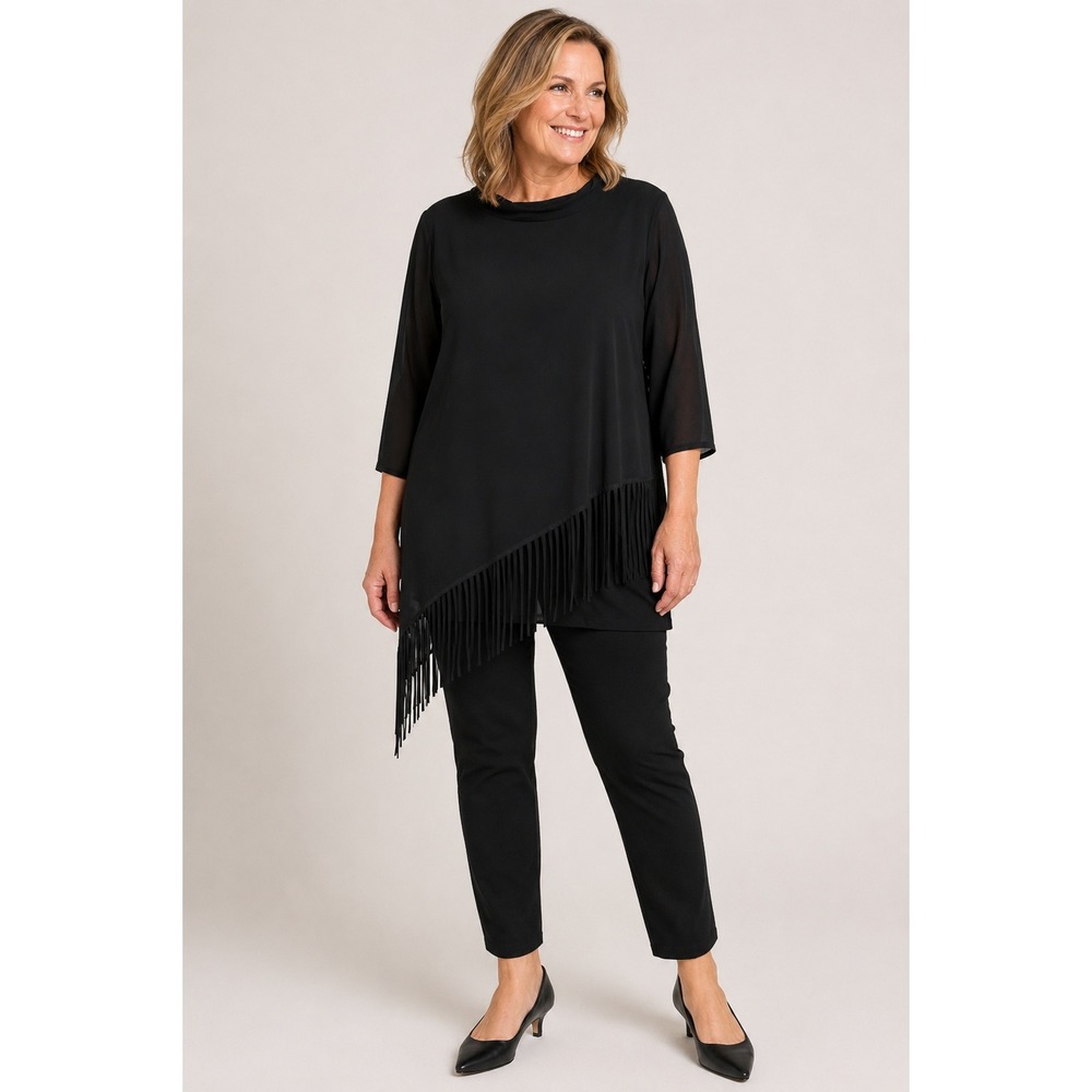 Chico's Blouse Women's Large Black Asymmetrical Fringe Mock Neck Black Chicos 2
